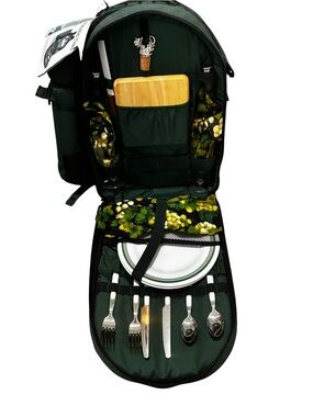 Vintage Deluxe Dark Green Picnic Backpack with Cutlery Set